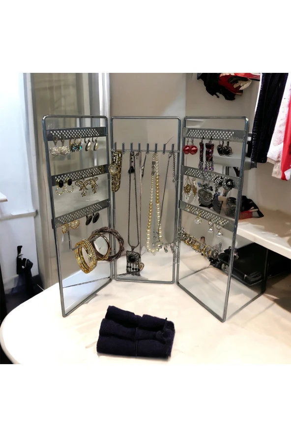 Dekoratif Takı Standı Takı Düzenleyici Organizeri Kutusu 3 Parça Kolye Yüzük Küpelik Model-2 Gümüş - 2