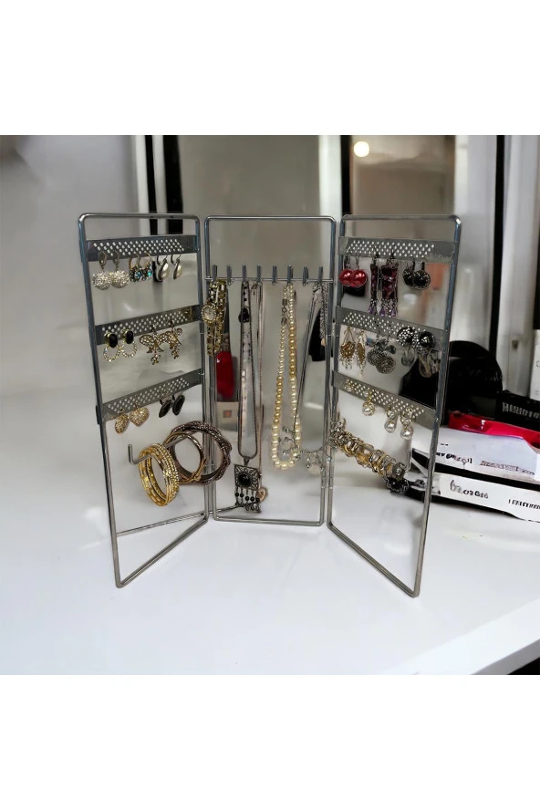 Dekoratif Takı Standı Takı Düzenleyici Organizeri Kutusu 3 Parça Kolye Yüzük Küpelik Model-2 Gümüş - 3