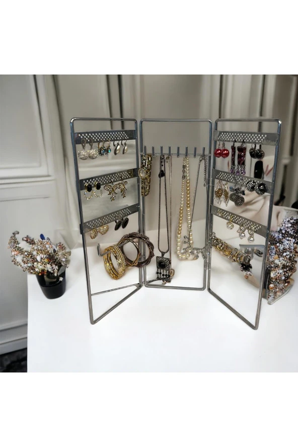 Dekoratif Takı Standı Takı Düzenleyici Organizeri Kutusu 3 Parça Kolye Yüzük Küpelik Model-2 Gümüş - 4