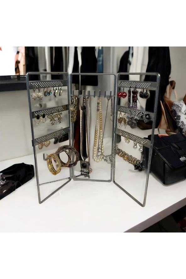 Dekoratif Takı Standı Takı Düzenleyici Organizeri Kutusu 3 Parça Kolye Yüzük Küpelik Model-2 Gümüş - 5