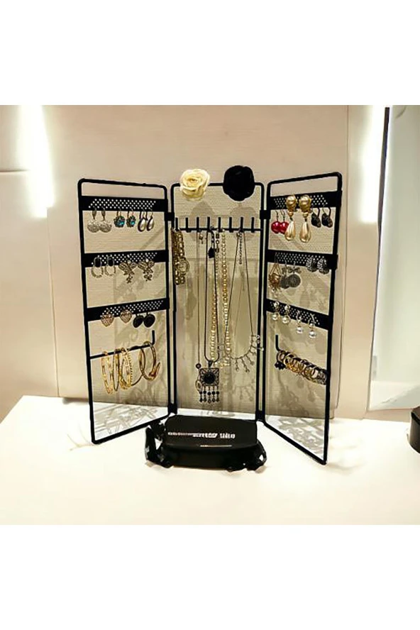 Dekoratif Takı Standı Takı Düzenleyici Organizeri Kutusu 3 Parça Kolye Yüzük Küpelik Model-2 Siyah - 3