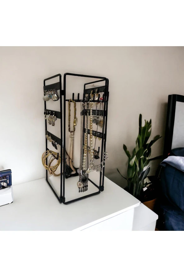 Dekoratif Takı Standı Takı Düzenleyici Organizeri Kutusu 3 Parça Kolye Yüzük Küpelik Model-2 Siyah - 4