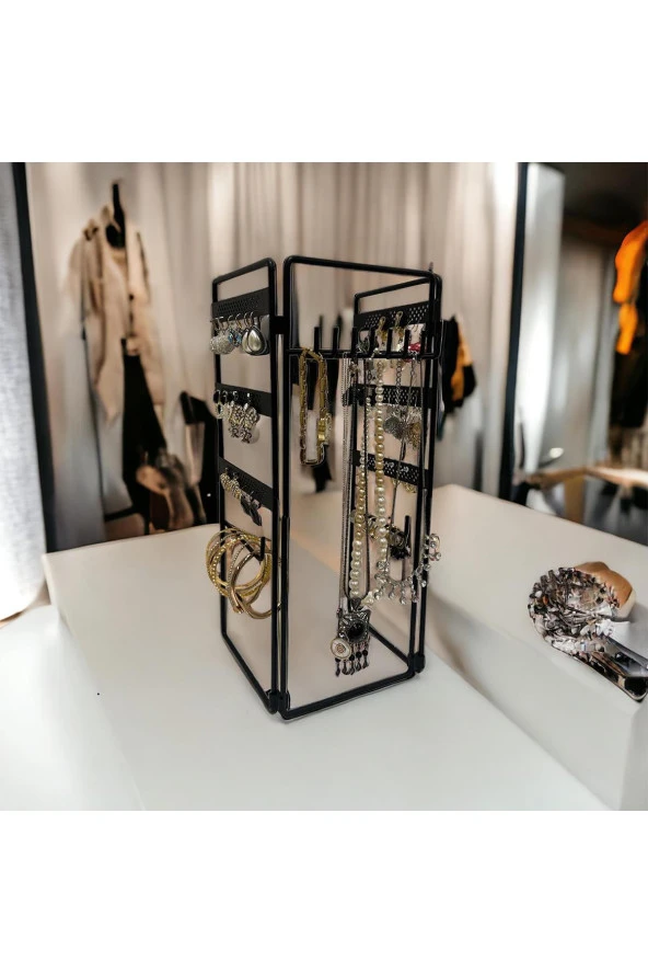 Dekoratif Takı Standı Takı Düzenleyici Organizeri Kutusu 3 Parça Kolye Yüzük Küpelik Model-2 Siyah - 5