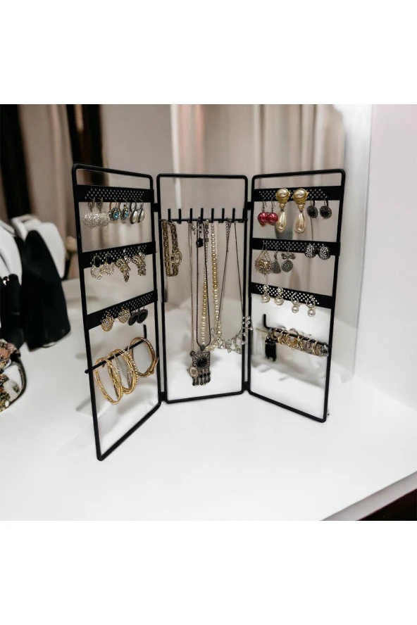 Dekoratif Takı Standı Takı Düzenleyici Organizeri Kutusu 3 Parça Kolye Yüzük Küpelik Model-2 Siyah - 6