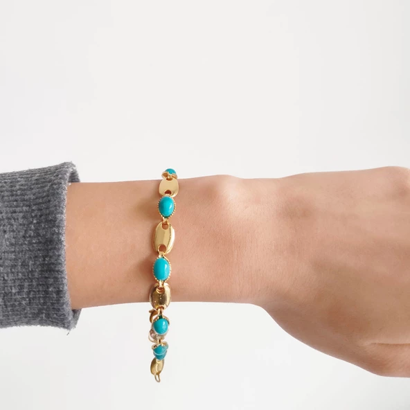 Altın Kaplama Turkuaz Taşlı Bayan Bileklik BLK-212 - 3