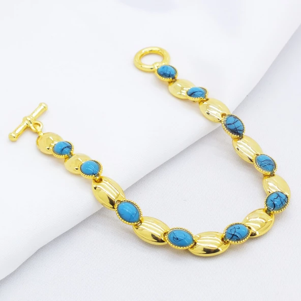 Altın Kaplama Turkuaz Taşlı Bayan Bileklik BLK-212 - 6