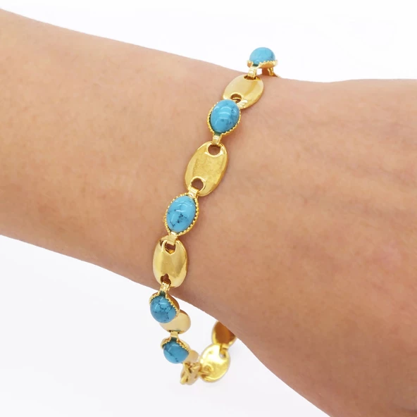 Altın Kaplama Turkuaz Taşlı Bayan Bileklik BLK-212 - 7