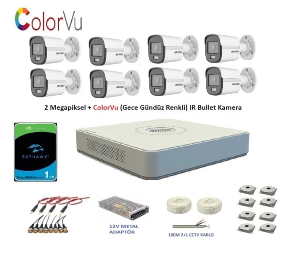 Hikvision 2mp 8 kameralı Dış ortam AHD HD-TVI ColorVu Gece Renkli Kamera Seti 1TB Disk