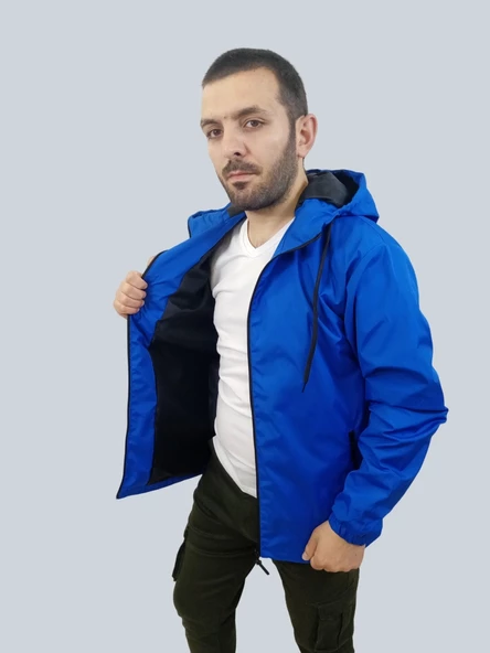 Erkek Kapüşonlu Kaplama Detaylı Saks Yağmurluk - 2