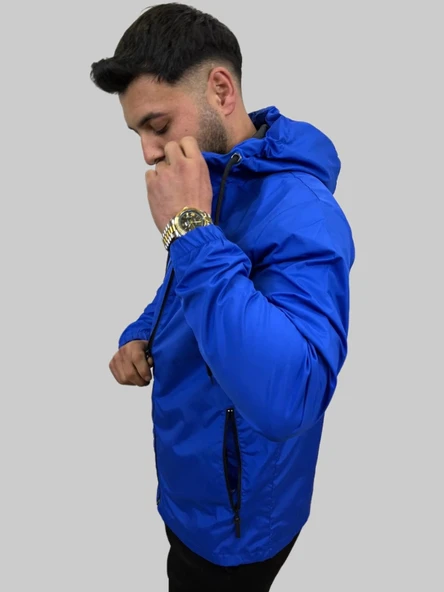 Erkek Kapüşonlu Kaplama Detaylı Saks Yağmurluk - 7