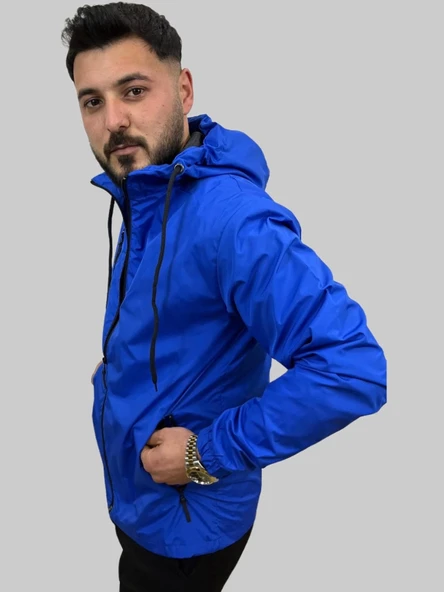 Erkek Kapüşonlu Kaplama Detaylı Saks Yağmurluk - 10