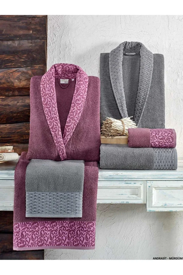 Taç Kristal Nakışlı 6 Parça Aile Bornoz Takımı Antrasit-Mürdüm Kristal Soft Cotton Bornoz Seti