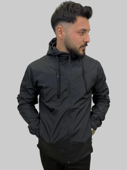 Erkek Kapüşonlu Kaplama Detaylı Siyah Yağmurluk - 5