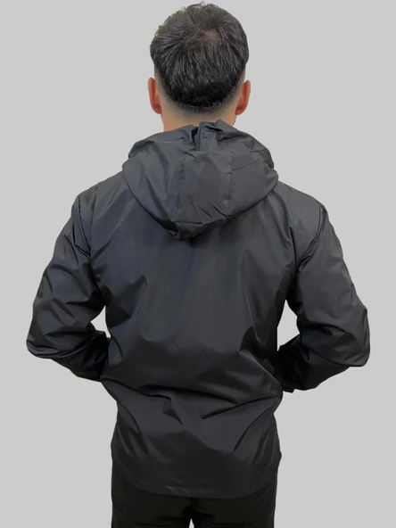 Erkek Kapüşonlu Kaplama Detaylı Siyah Yağmurluk - 3