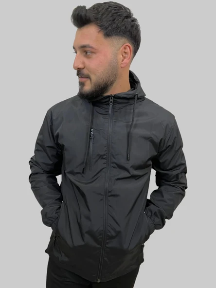 Erkek Kapüşonlu Kaplama Detaylı Siyah Yağmurluk - 4