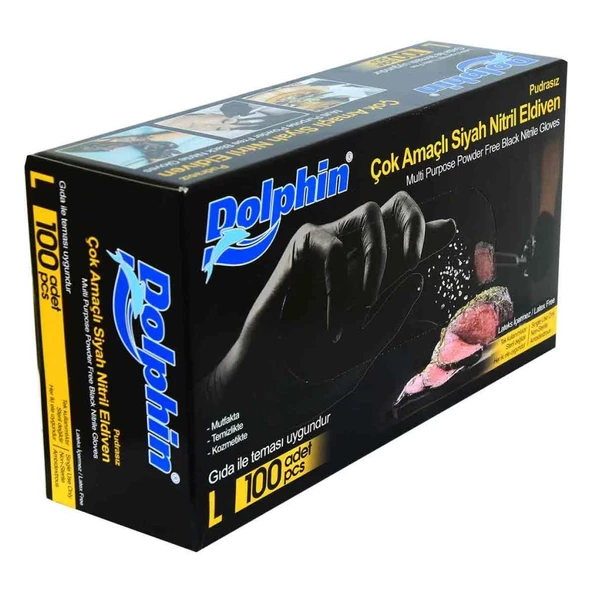 Dolphin Latexsiz Pudrasız Siyah Nitril Gıda Eldiveni (L) 100lü - 3
