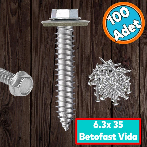 Betofast Vidası 6.3x35 mm Paket 100 ADET Sivri Uçlu Çatı Panel Beton Mdf Ağaç Vidası