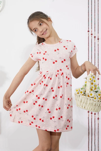Somon Kiraz Baskılı Kısa Kollu Kız Çocuk Yazlık Elbise 18785 - 2