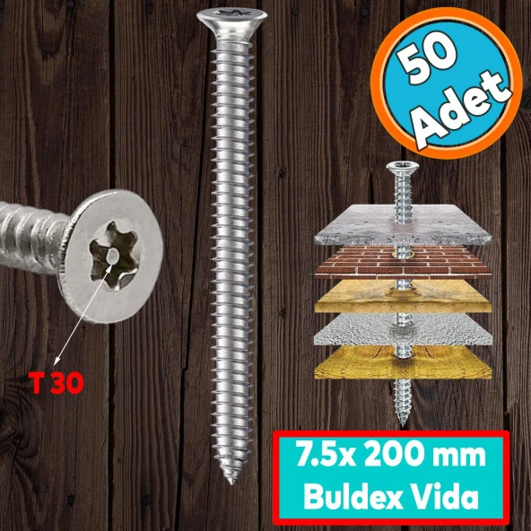 Buldex Vida 7.5x200 mm 50 ADET Sivri Uçlu Dübelsiz Beton Vidası Tork Duvar Vidası Buldeks