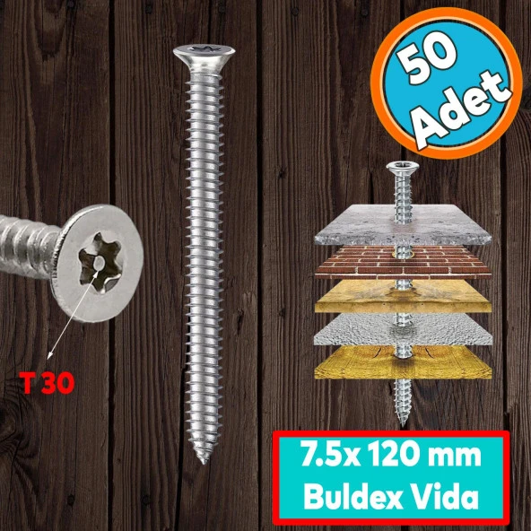 Buldex Vida 7.5x120 mm 50 ADET Sivri Uçlu Dübelsiz Beton Vidası Tork Duvar Vidası Buldeks