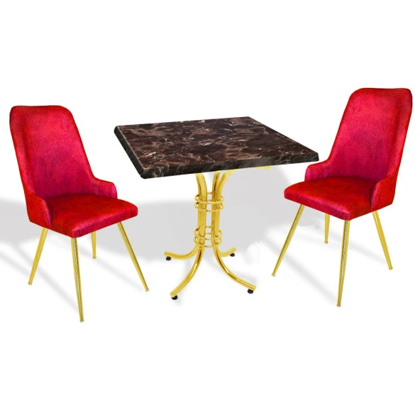 Buket Werzalit Kare-Çırağan Gold 2li Masa Takım - Brownie Mermer Bordo