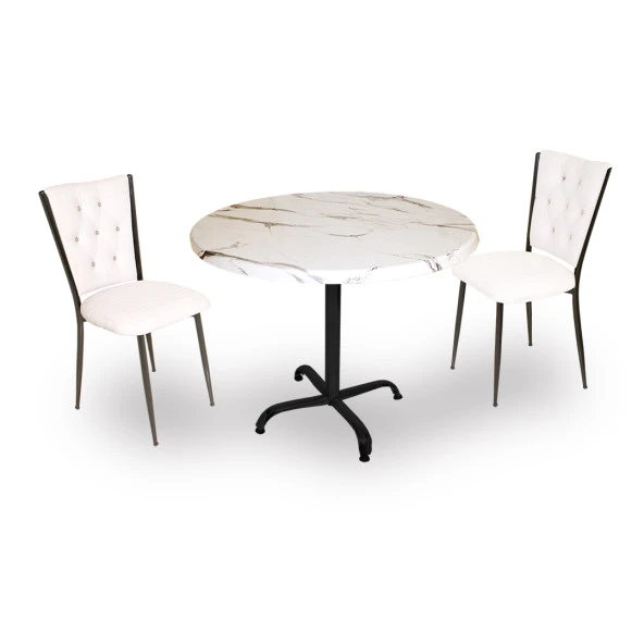 Indigo Werzalit Yuvarlak - Kapitoneli 2li Masa Takımı (80 cm çap) - Bıanco Carrara Beyaz