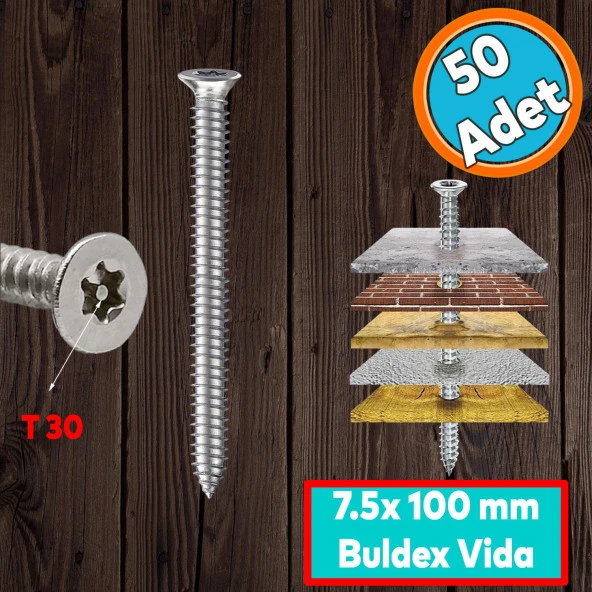 Buldex Vida 7.5x100 mm 50 ADET Sivri Uçlu Dübelsiz Beton Vidası Tork Duvar Vidası Buldeks