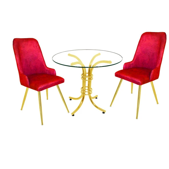 Buket Yuvarlak Gold Cam - Çırağan Gold 2li Mutfak Masa Takımı - Bordo