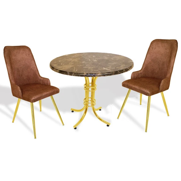 Buket Werzalit Yuvarlak-Çırağan Gold 2li Masa Takımı - Brownie Mermer