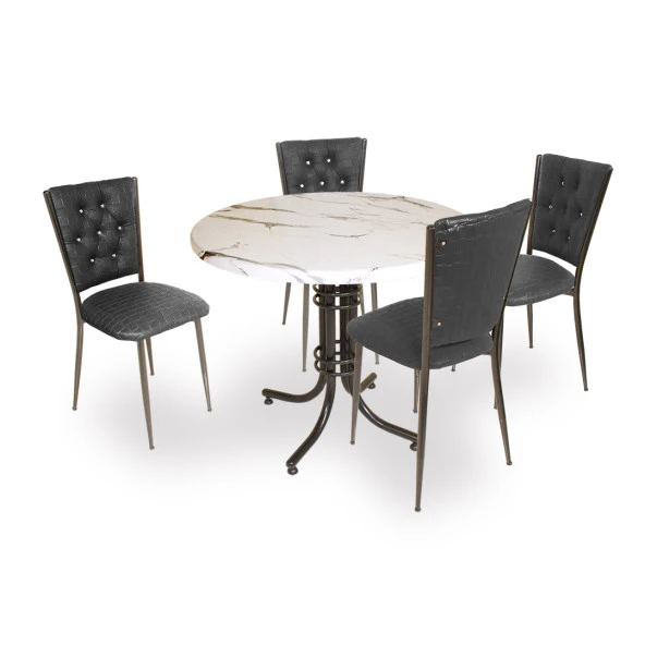 Buket Werzalit Yuvarlak ESB-Kapitoneli Mutfak Masa Takımı - Bianco Cararra Siyah ürün görseli