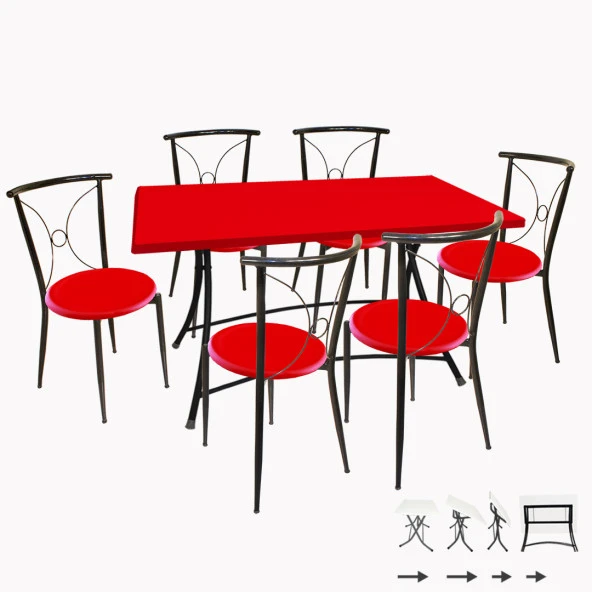 Modern Katlanır Werzalit-Tiffany Mutfak Masa Takımı 6 Kişilik - Kırmızı