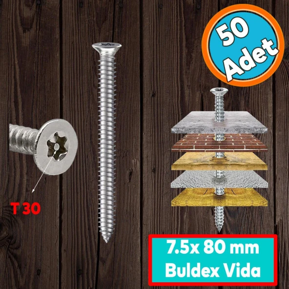 Buldex Vida 7.5x80 mm 50 ADET Sivri Uçlu Dübelsiz Beton Vidası Tork Duvar Vidası Buldeks