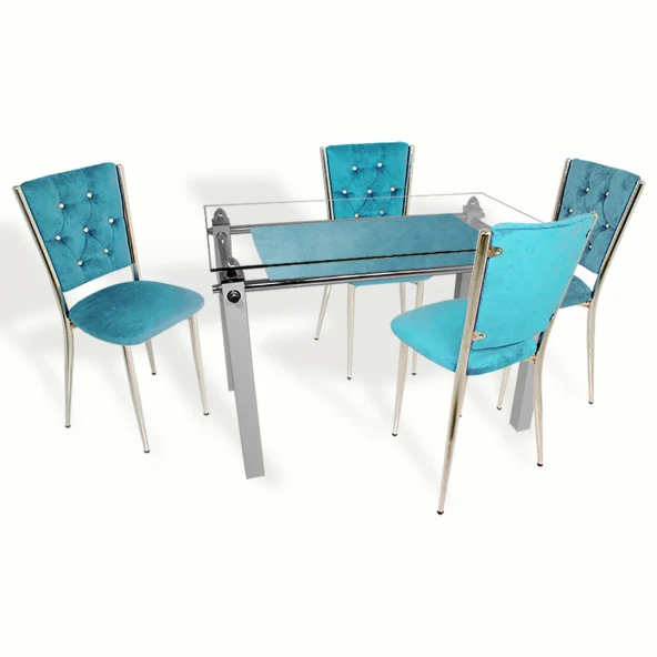 Kapitoneli Cam Mutfak Masa Takımı (Kumaş) - Mavi