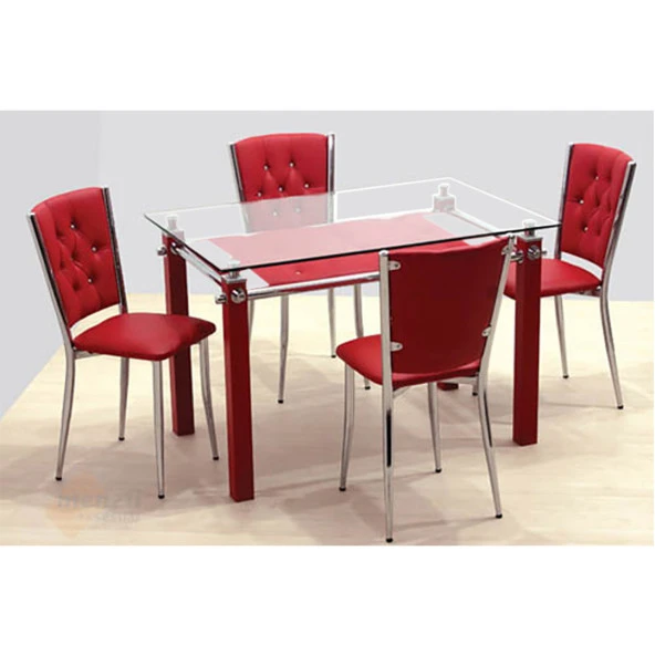 Kapitoneli Cam Mutfak Masa Takımı (Deri) - Kırmızı