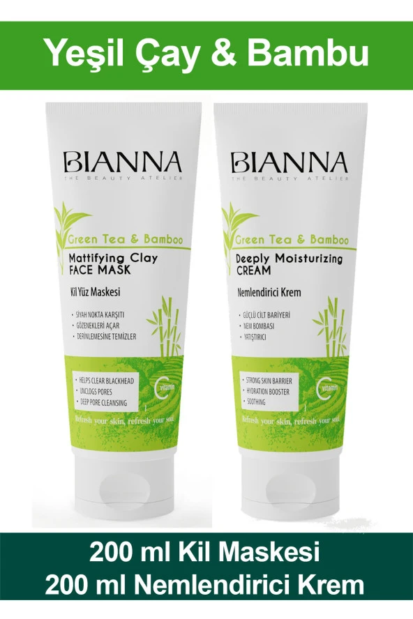 Bianna Yeşil Çay ve Bambu Özlü Kil Maskesi ve Nemlendirici Krem 200+200 ml. Akne ve Siyah Nokta Karşıtı