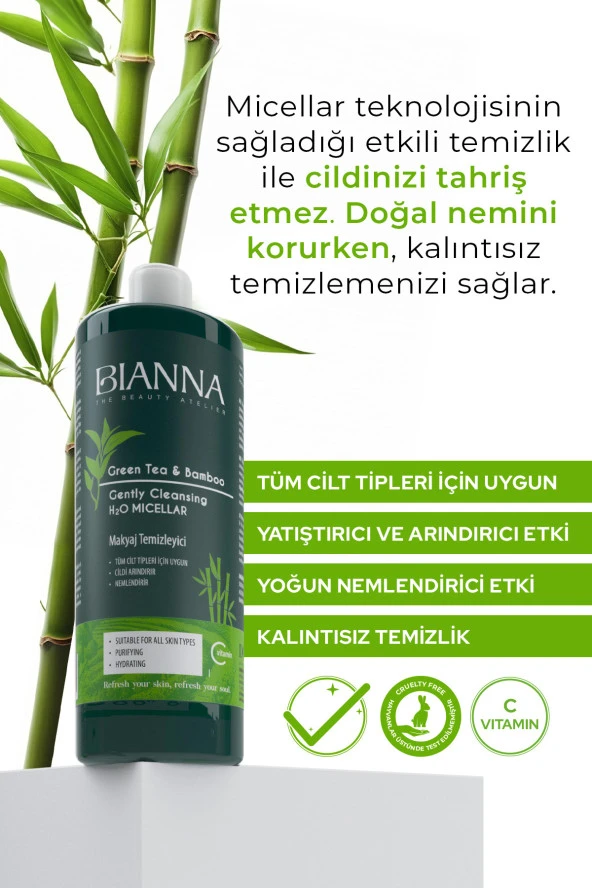 Bianna Yeşil Çay ve Bambu Özlü C Vitaminli Makyaj Temizleme Suyu H2O Micellar 400ml - 2
