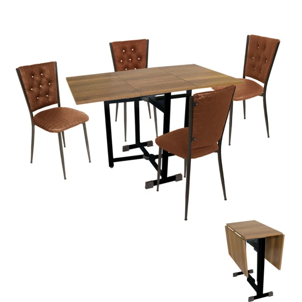 Kanatlı Katlanır - Kapitoneli Mutfak Masa Takımı (Deri) - Kahve ürün görseli 1