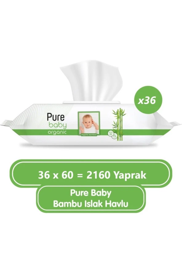 Pure Baby Organik Bambu Özlü Islak Havlu 36×60 (2160 Yaprak)