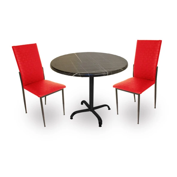 Indigo Werzalit Yuvarlak - Gözde 2li Masa Takımı (70 cm çap)- Royal Mermer Kırmızı