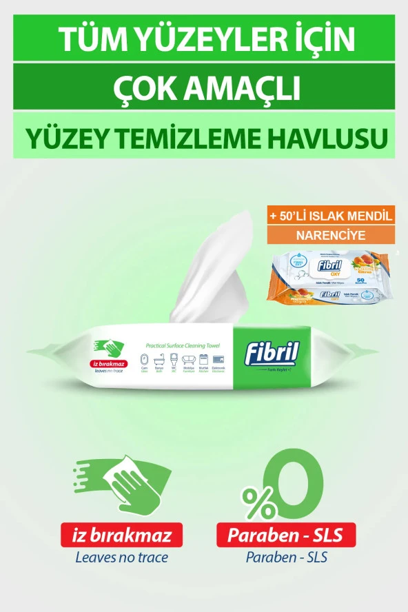 Fibril Yüzey Temizlik Havlusu XL 50 Yaprak Temizlik Kokulu + Islak Mendil 50 Yaprak