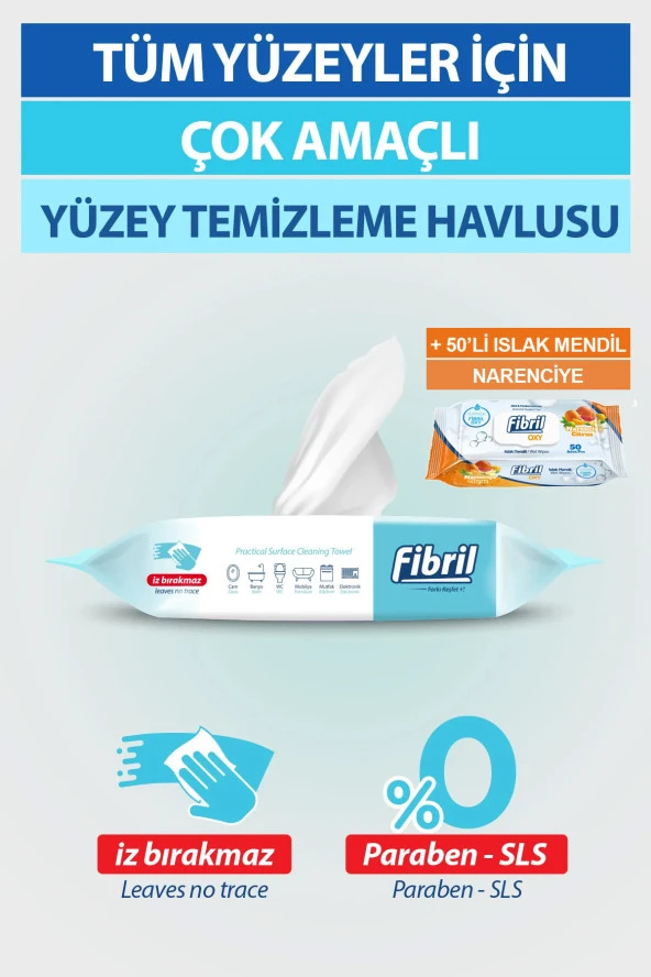 Fibril Yüzey Temizlik Havlusu XL 50 Yaprak Beyaz Sirke Sabun + Islak Mendil 50 Yaprak