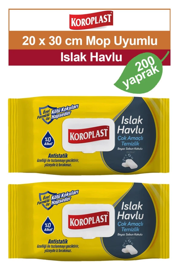 Koroplast Mop uyumlu Çok Amaçlı Islak Temizlik Havlusu Beyaz Sabun Kokulu 2x100 adet