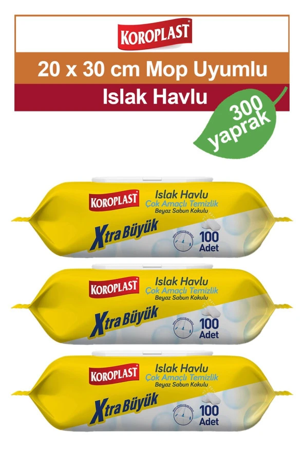 Koroplast Mop uyumlu Çok Amaçlı Islak Temizlik Havlusu Beyaz Sabun Kokulu 3x100 adet