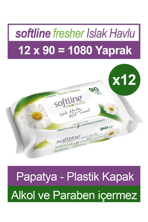 Softline Fresher Sensitive 90 Yaprak 12 Paket Islak Mendil Papatya