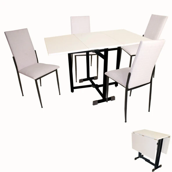 Kanatlı Katlanır - Gözde Mutfak Masa Takımı (Deri) - Beyaz