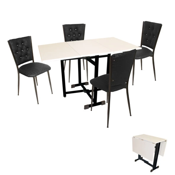 Kanatlı Katlanır - Kapitoneli Mutfak Masa Takımı (Deri) - Siyah