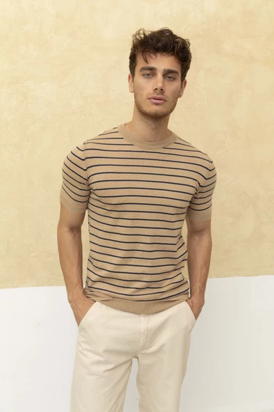 Çizgili Polo Yaka T-Shirt Taş - 6