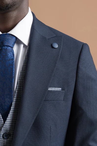 Carutte Slimfit Sivri Yaka Çift Pileli Dokulu Kumaş Yelek Kombinli Takım Elbise - 5