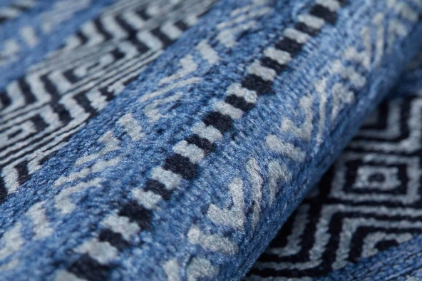 Halı Atölyesi Mavi Salon&Yolluk Dijital Baskılı Makinede Yıkanabilir Kaymaz Taban Saçaklı Halı HA230 - Resim 5