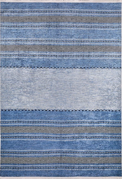 Halı Atölyesi Mavi Salon&Yolluk Dijital Baskılı Makinede Yıkanabilir Kaymaz Taban Saçaklı Halı HA230 ürün görseli 1